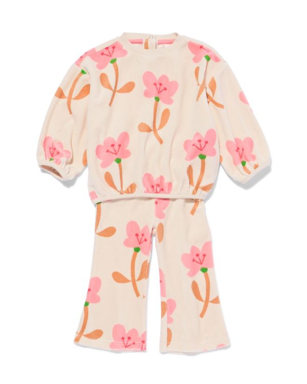 baby kledingset velour bloemen ecru